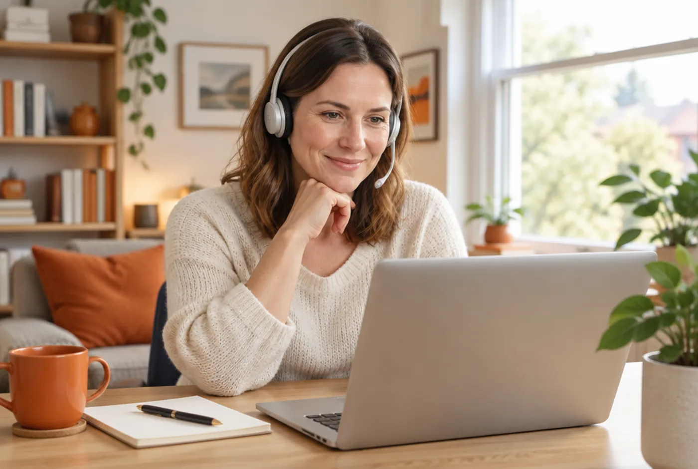 Frau mit Headset arbeitet zu Hause am Laptop