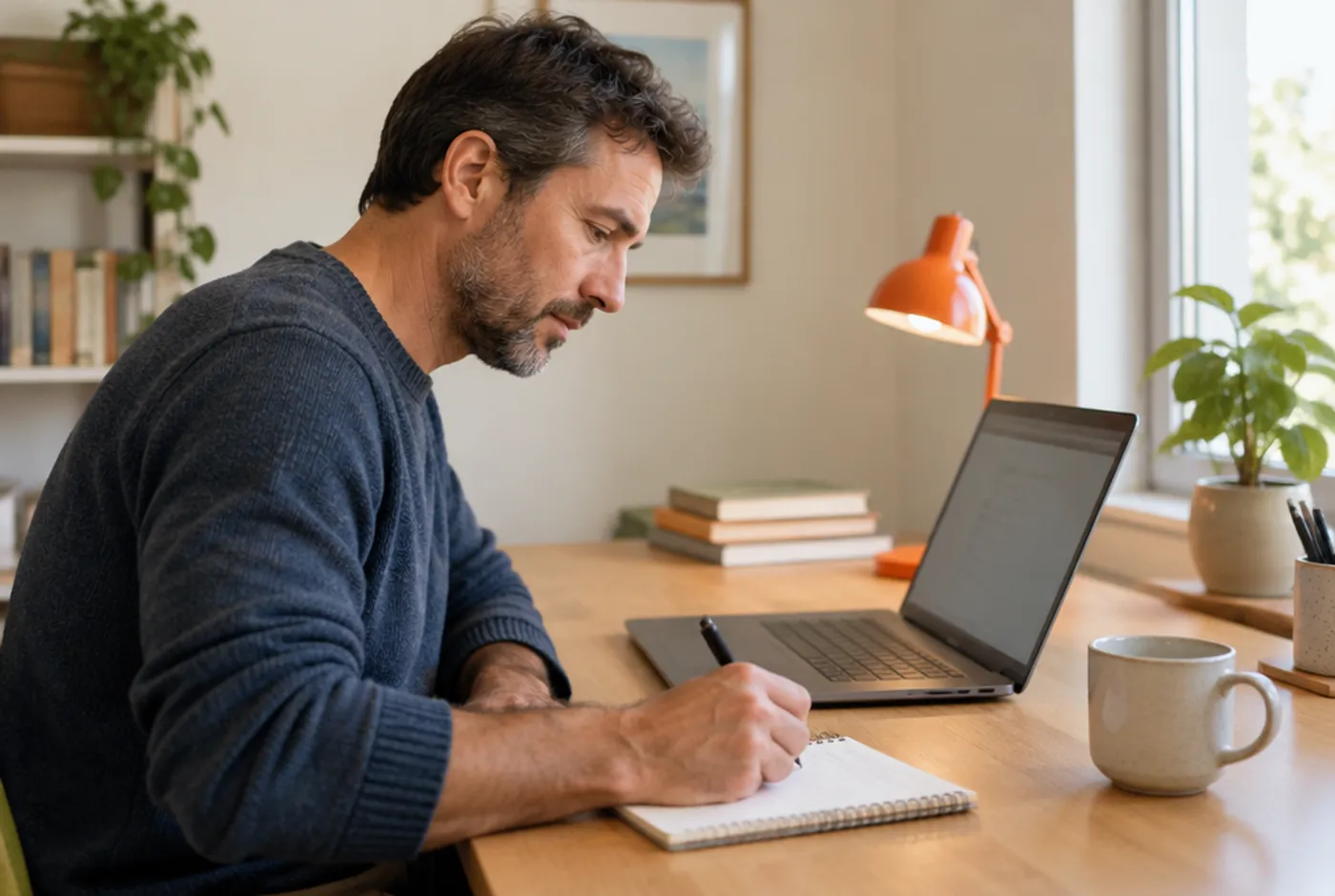 Mann prüft Informationen am Laptop und macht sich Notizen